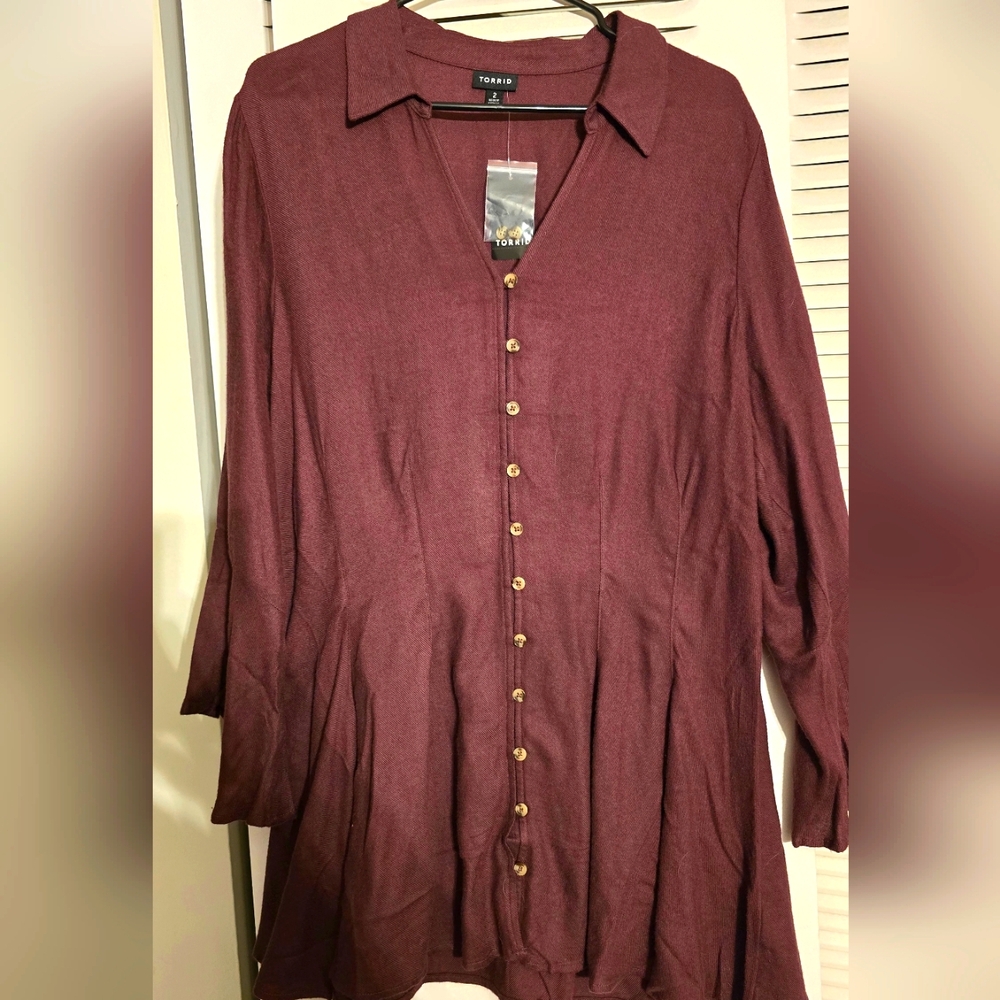 Torrid Corset Back Burgundy Button-Down Long Sleeve Shirt